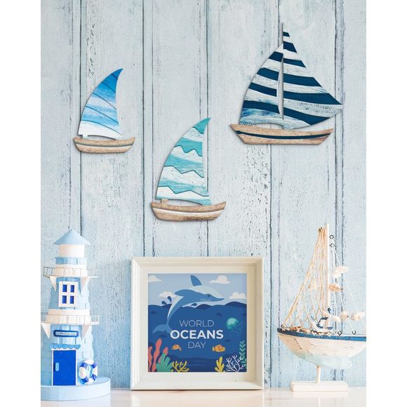 Wooden Sailboat Wall Art Set Of 3, Coastal Nautical Decor Self-adhesive🤪 - Picture 3 of 7